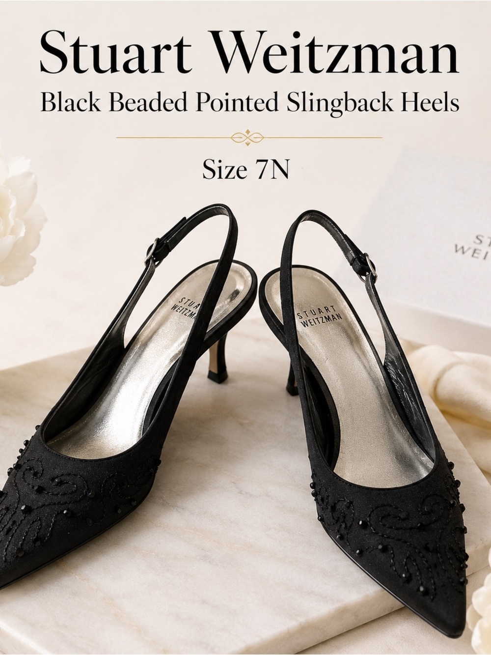 Stuart Weitzman Black Beaded Pointed Slingback Heels 7N